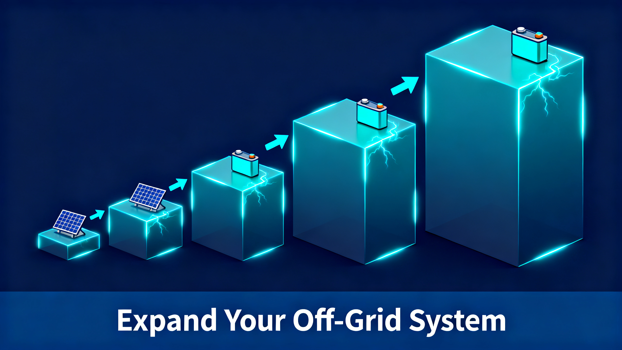 Modern infographic showing off-grid system expansion stages with growing geometric shapes and electric cyan arrows