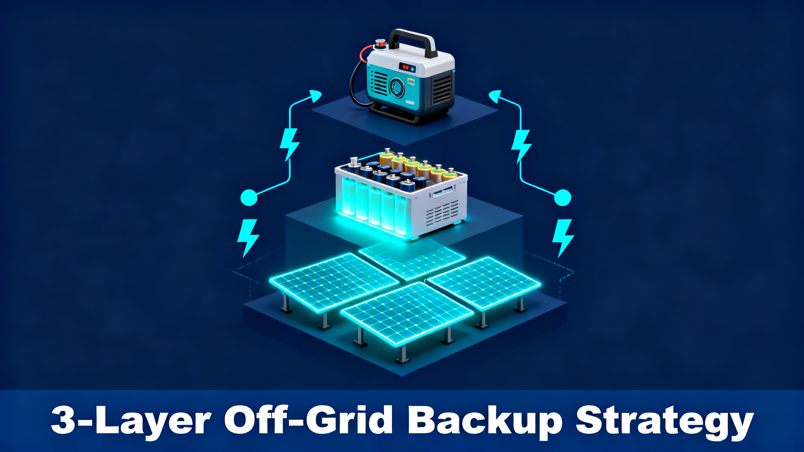 Three-layer power system diagram with solar, battery and generator icons in layered geometric design on navy blue