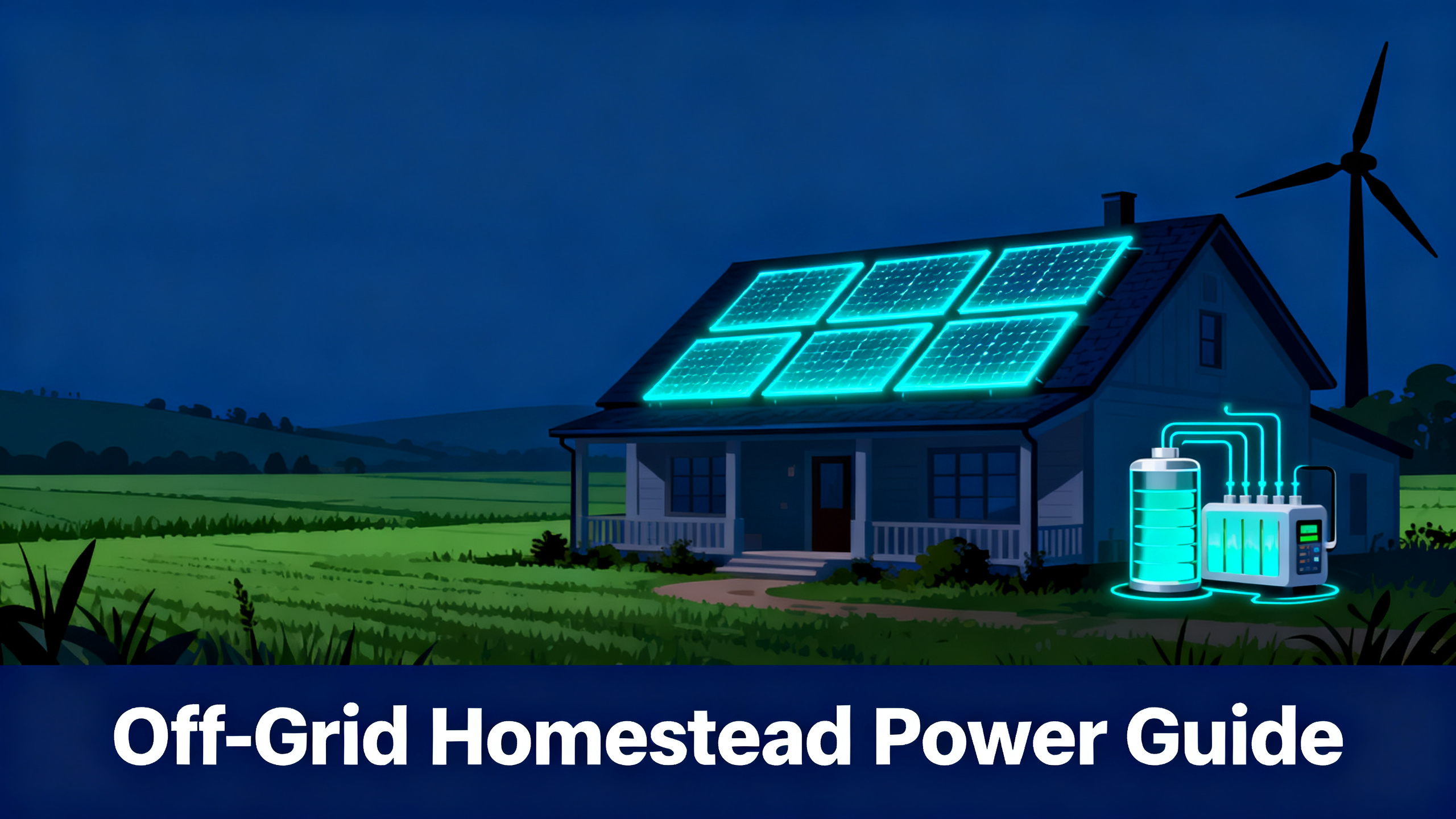 Illustrated homestead at dusk with solar array on roof, electric cyan energy lines and lush green landscape backdrop