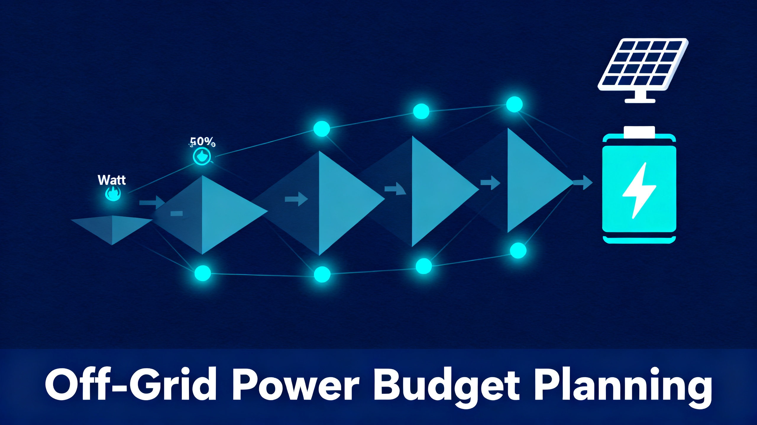 Modern infographic showing off-grid power budget planning with flow diagram, energy icons and navy blue background