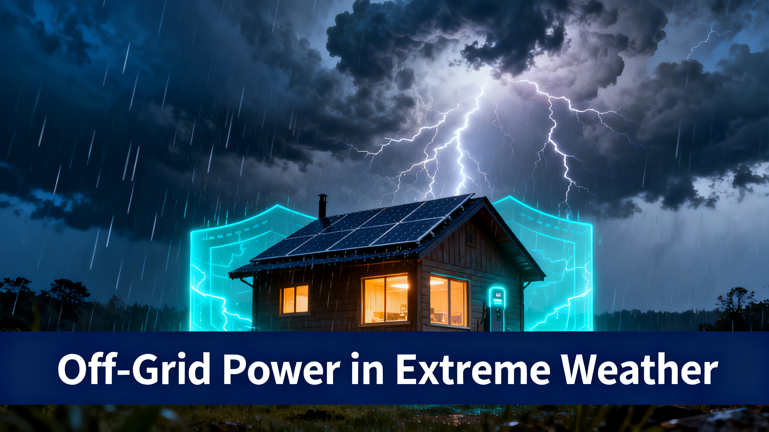 Dramatic stormy sky with lightning bolts illuminating off-grid cabin with glowing windows and electric cyan power shield