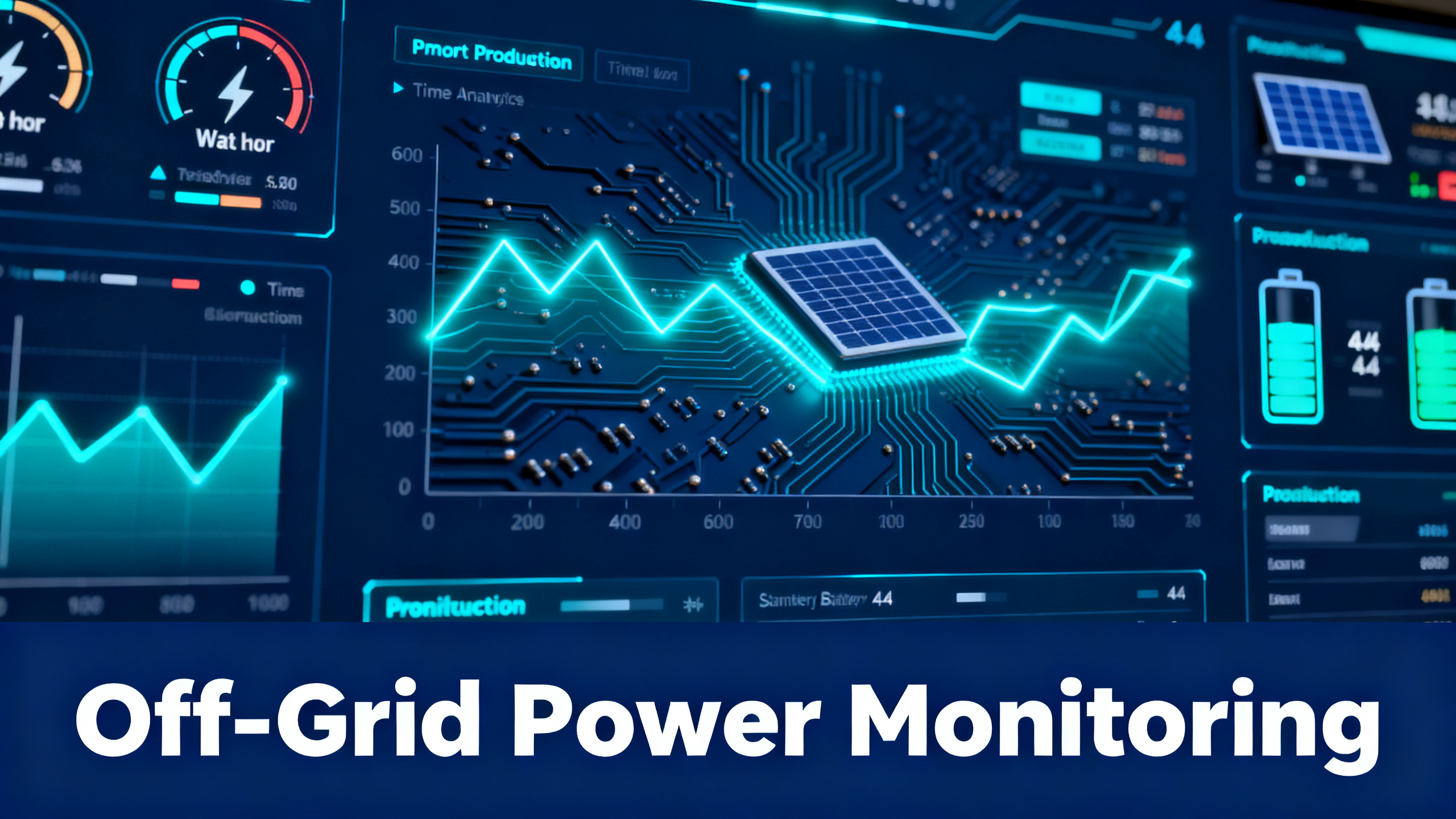Modern dashboard illustration showing off-grid power monitoring data with glowing metrics and electric cyan analytics