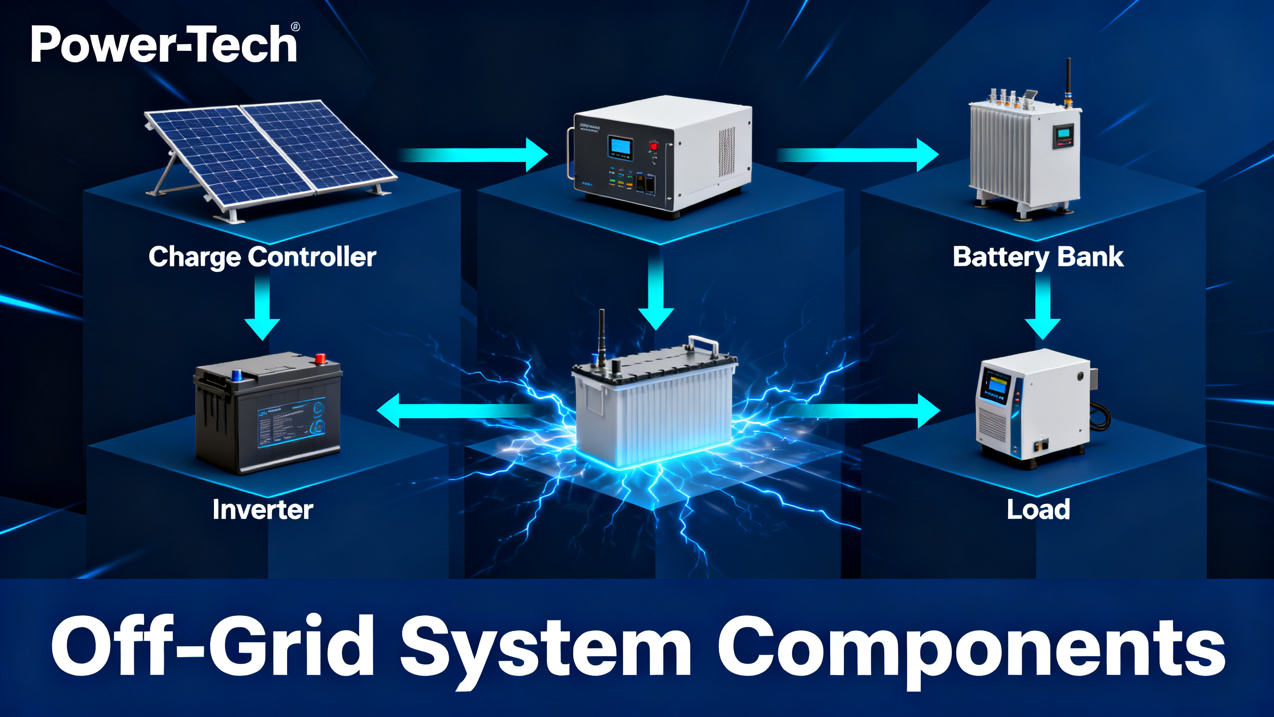Technical diagram showing the 5 components of an off-grid power system with geometric shapes and cyan energy flow lines
