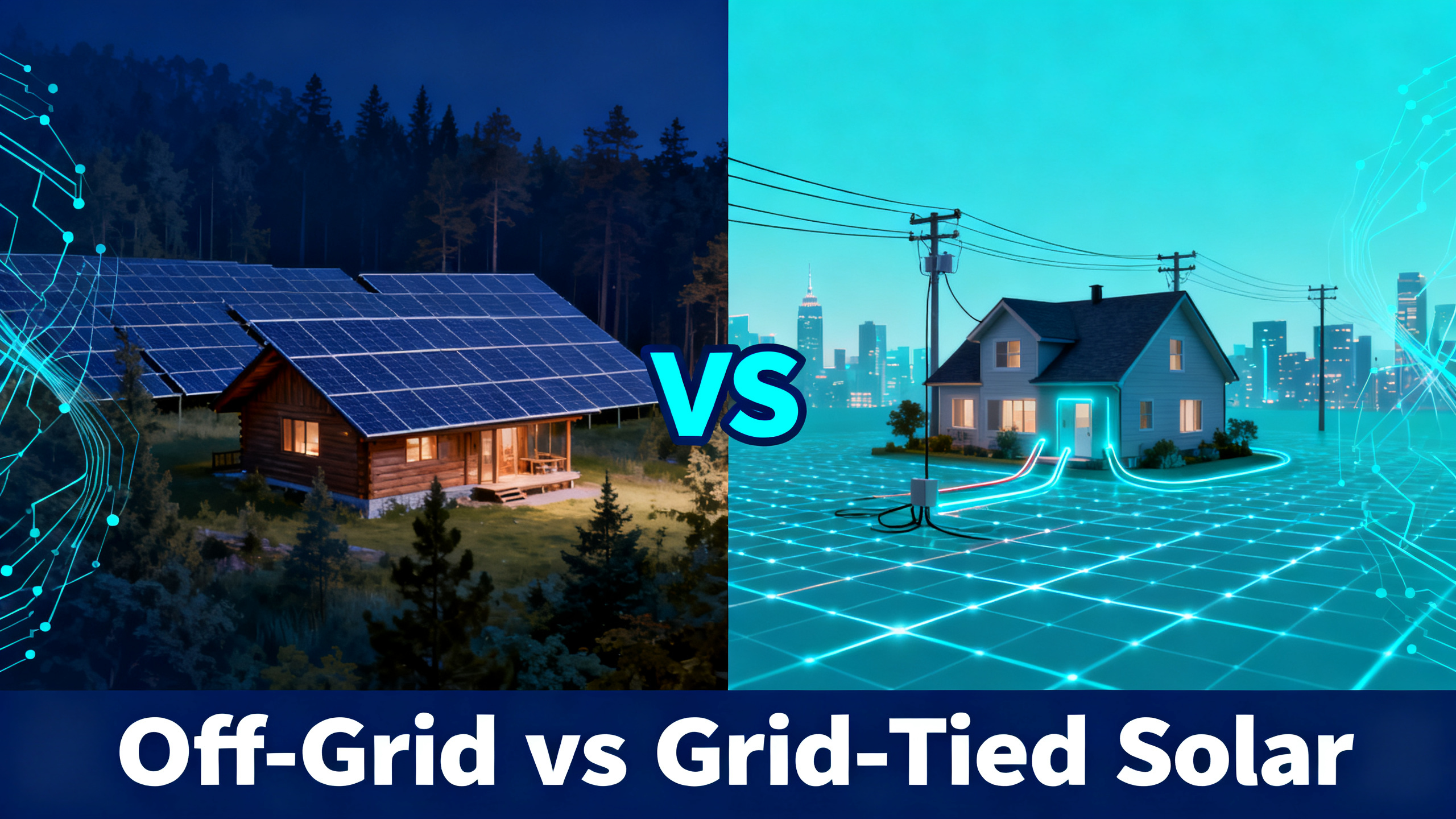 Split comparison illustration showing off-grid solar cabin on left versus grid-tied house on right with VS divider