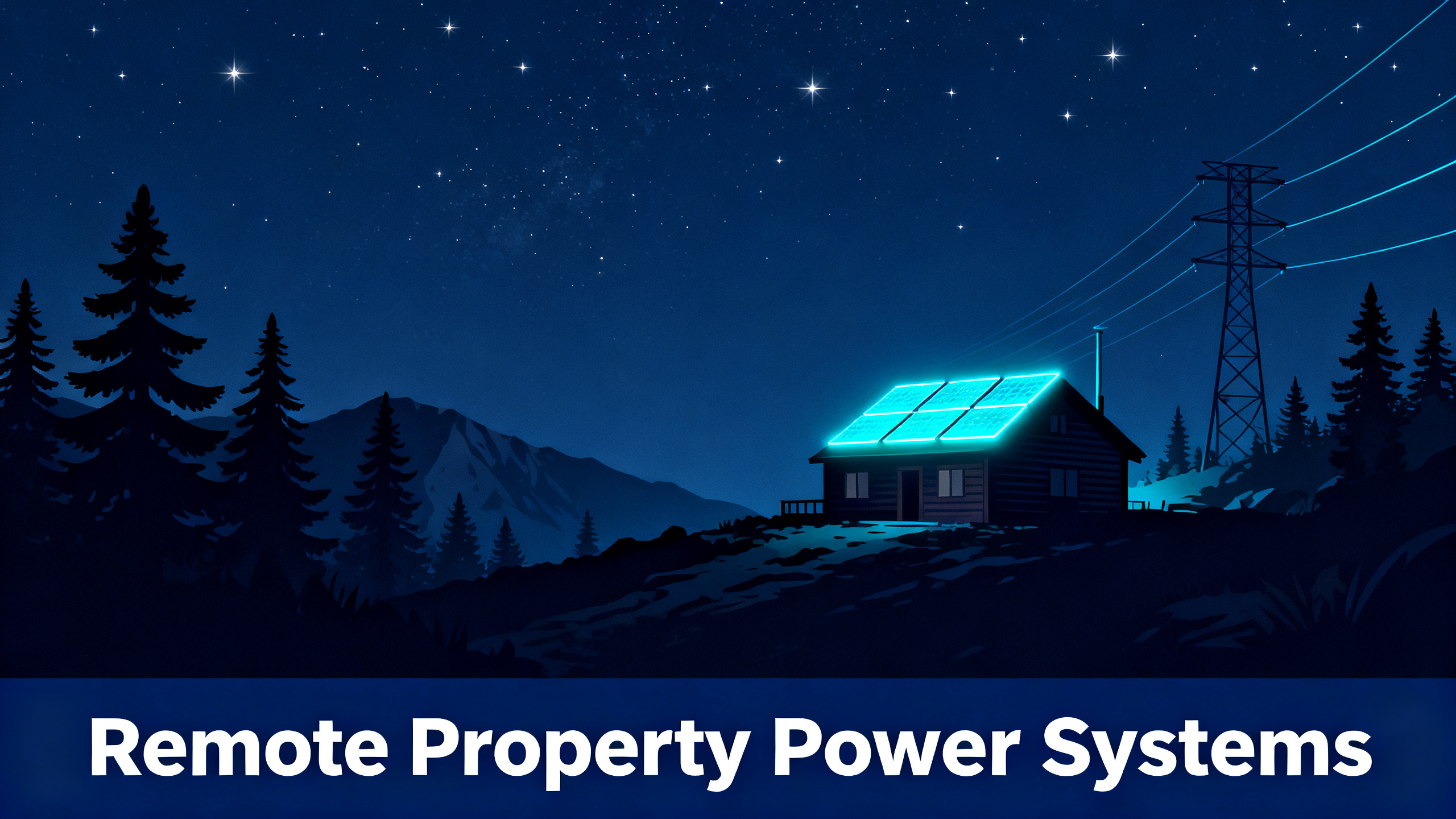 Isolated cabin on remote mountain property with solar panels glowing cyan and navy blue sky at night