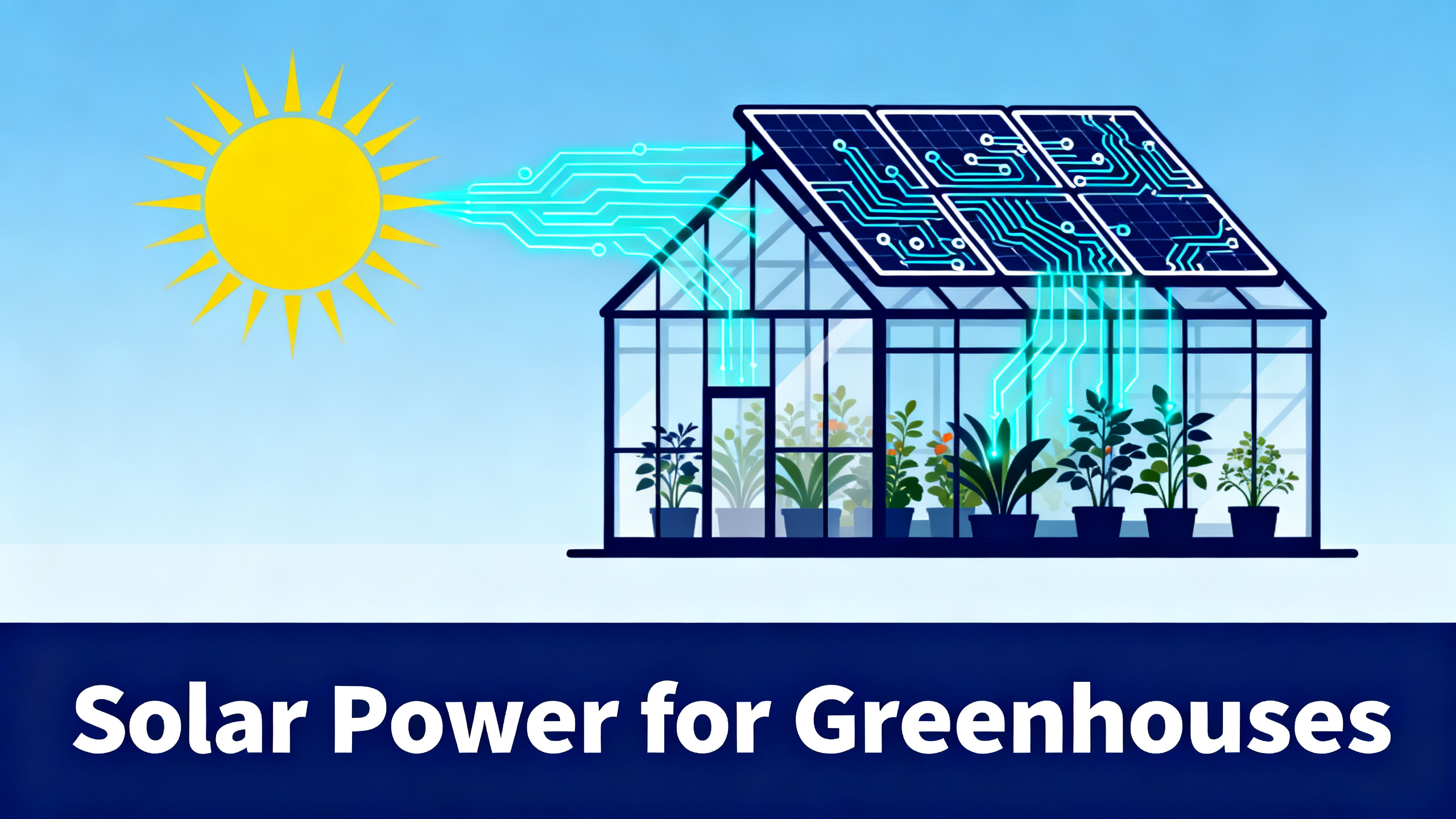 Illustrated greenhouse structure with solar panels on roof glowing cyan, plants inside and bright sun with energy rays