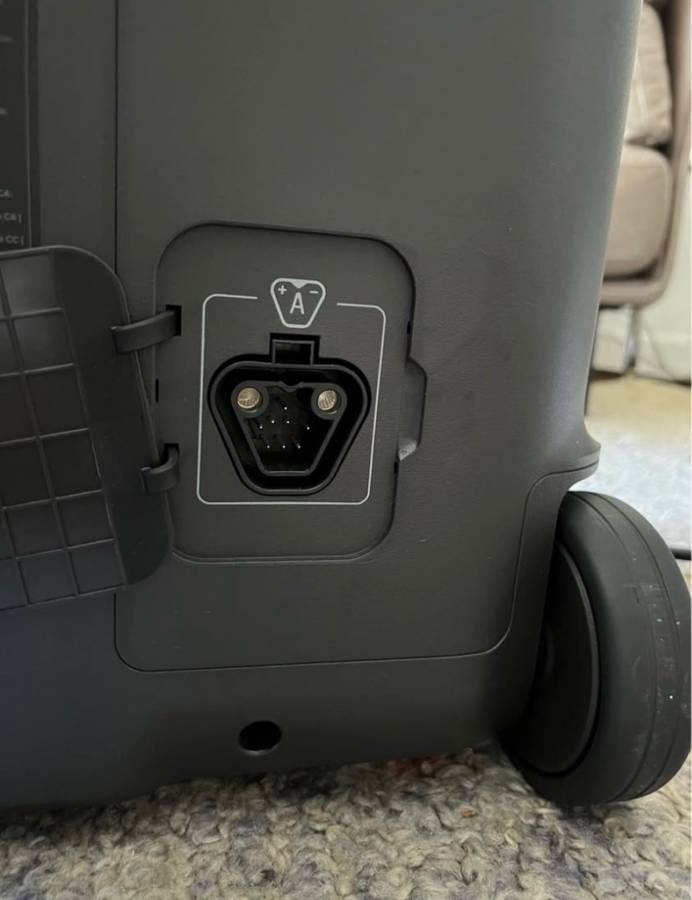 Close-up of the Jackery Explorer 2000 Plus battery expansion port connector