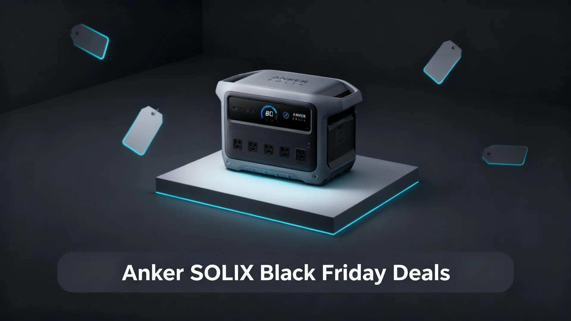 Anker SOLIX C1000 Gen 2 power station on a lit platform with cyan-outlined price tags on charcoal, captioned Anker SOLIX Black Friday Deals.