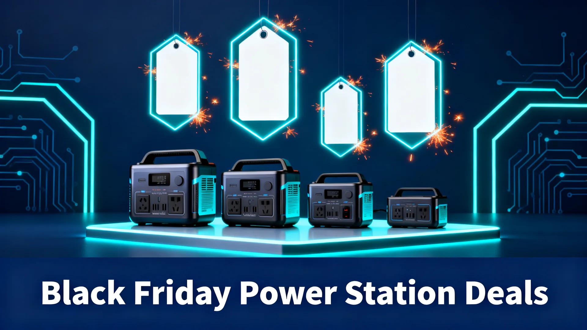 Four portable power stations on a glowing platform under blank neon price tags, navy and cyan theme, with the caption Black Friday Power Station Deals.
