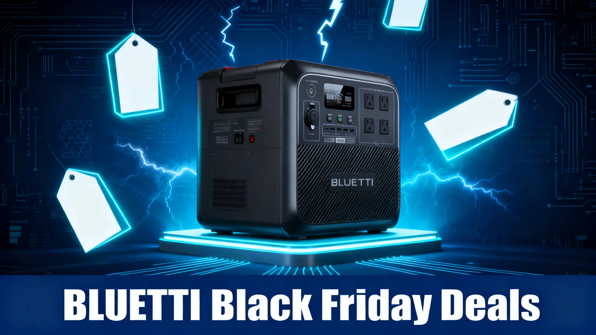 BLUETTI AC180 power station on a glowing platform with cyan price tags and circuit patterns on navy, captioned BLUETTI Black Friday Deals.