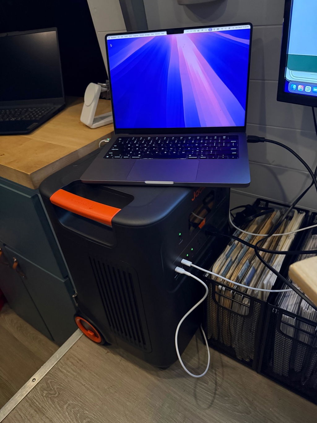 Jackery HomePower 3600 Plus under a home office desk powering a laptop