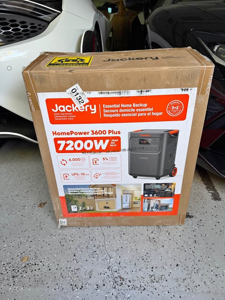 Jackery HomePower 3600 Plus shipping box in an owner's garage