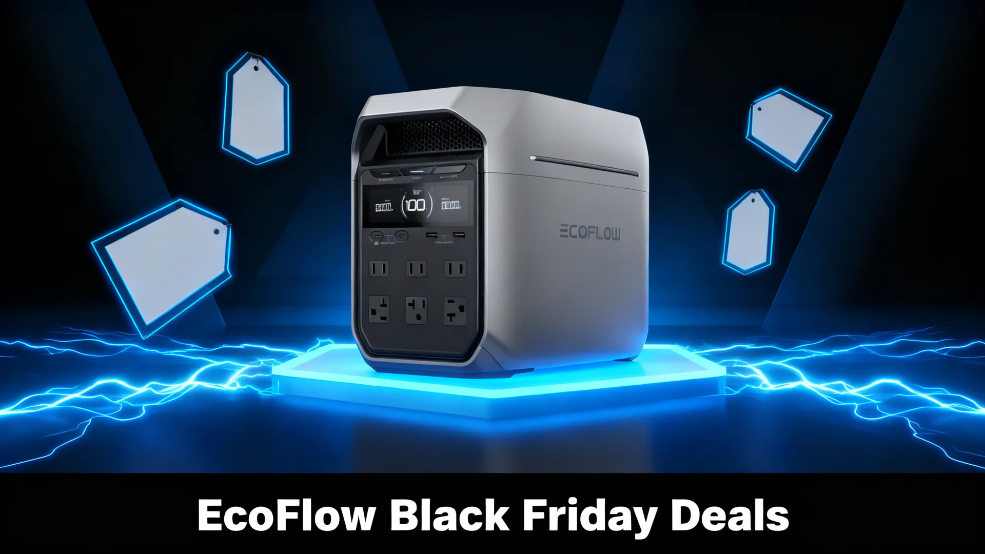 EcoFlow DELTA power station on a glowing blue platform with electric energy lines and blank price tags, captioned EcoFlow Black Friday Deals.
