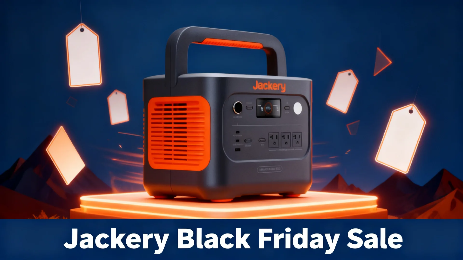 Jackery Explorer 1000 v2 power station on a glowing orange platform with floating price tags and mountain silhouettes, captioned Jackery Black Friday Sale.
