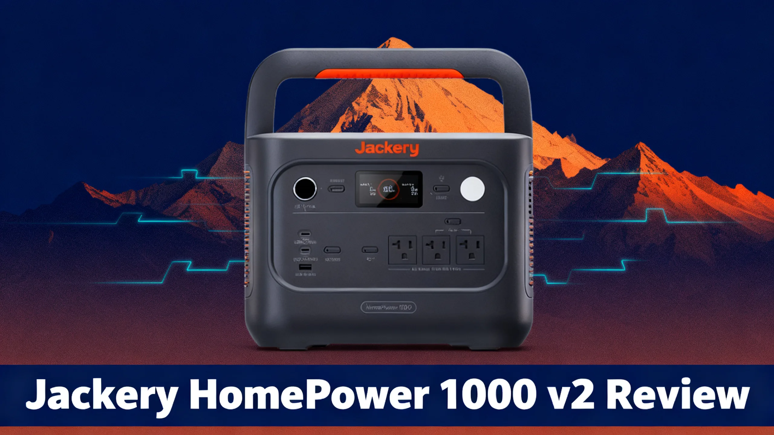 Jackery HomePower 1000 v2 portable power station in front of orange mountain silhouettes on navy blue, with a navy bar reading Jackery HomePower 1000 v2 Review