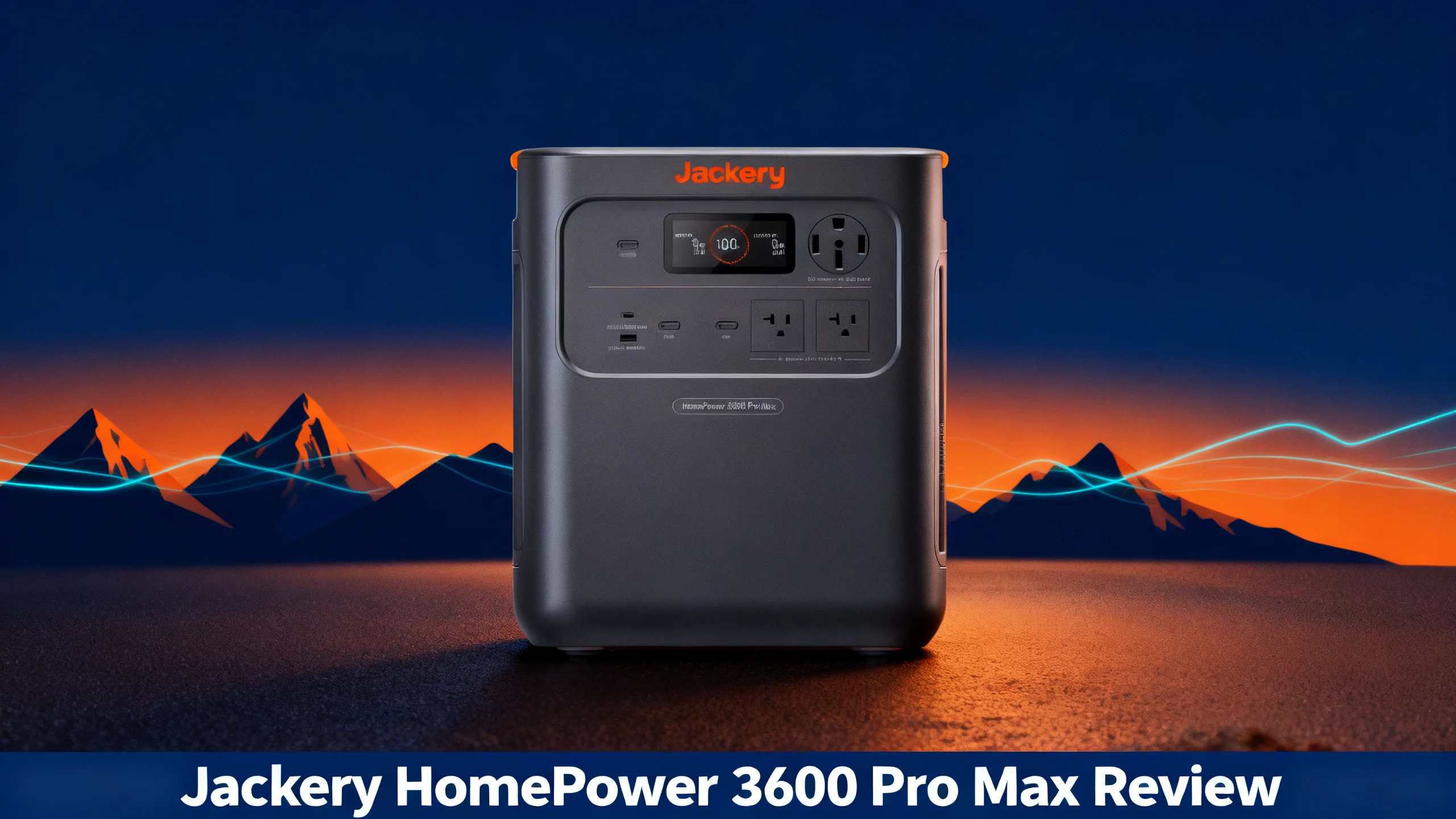Jackery HomePower 3600 Pro Max with 240V outlet at dusk before orange-lit mountains and cyan energy waves, with a navy bar reading Jackery HomePower 3600 Pro Max Review
