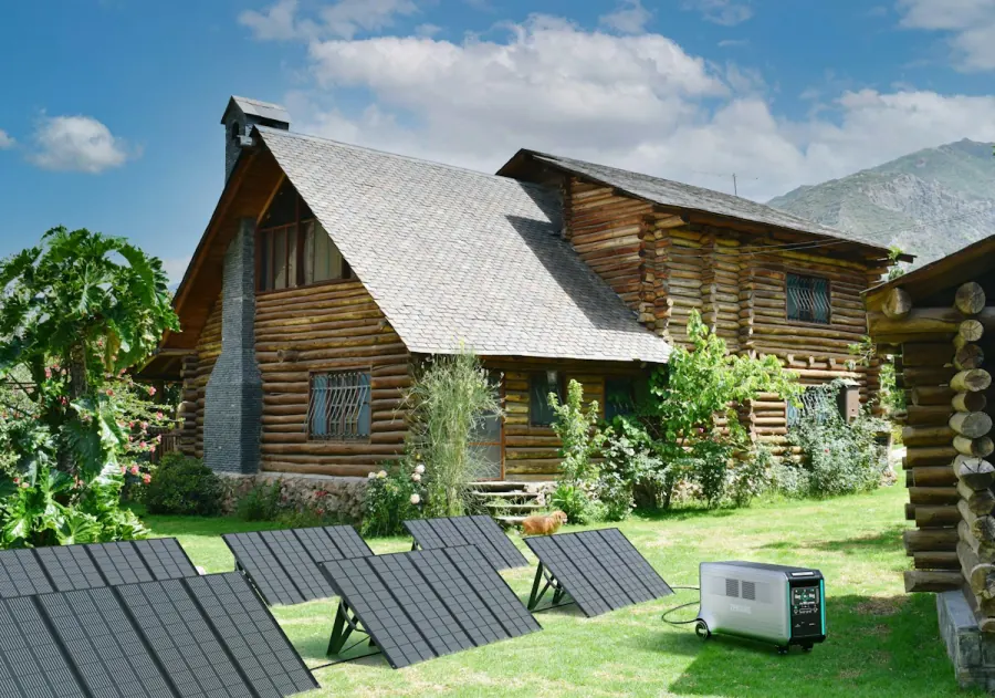 Full homestead off-grid power system with multiple solar panels and large capacity power station