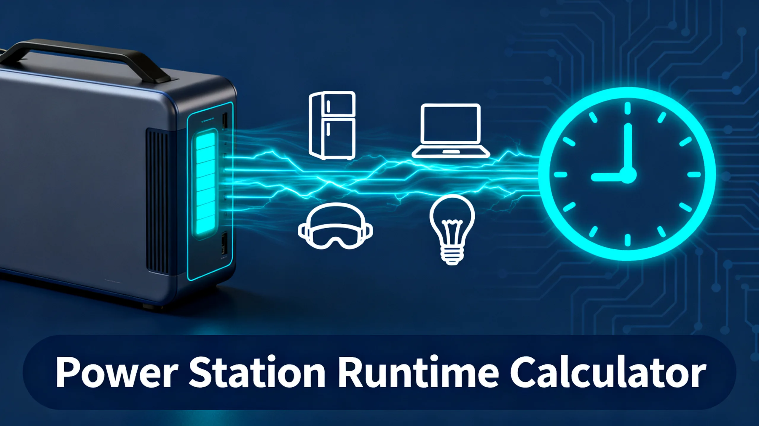 Power station calculator illustration: a portable power station sending energy to fridge, laptop, CPAP mask and light bulb icons toward a glowing runtime clock