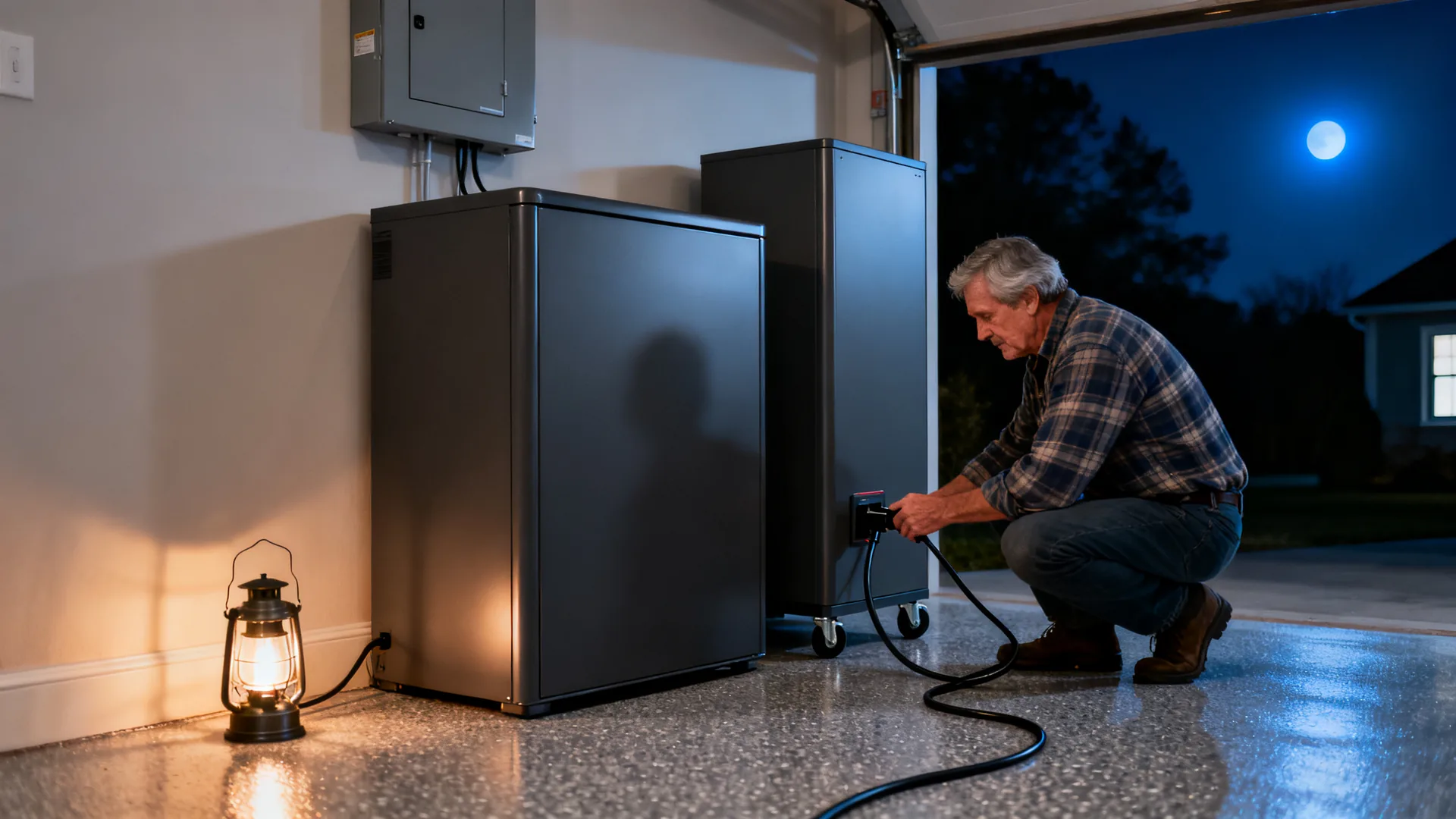 Homeowner plugging a cable into a home battery cabinet in a dark garage during a power outage, a second battery on wheels beside it