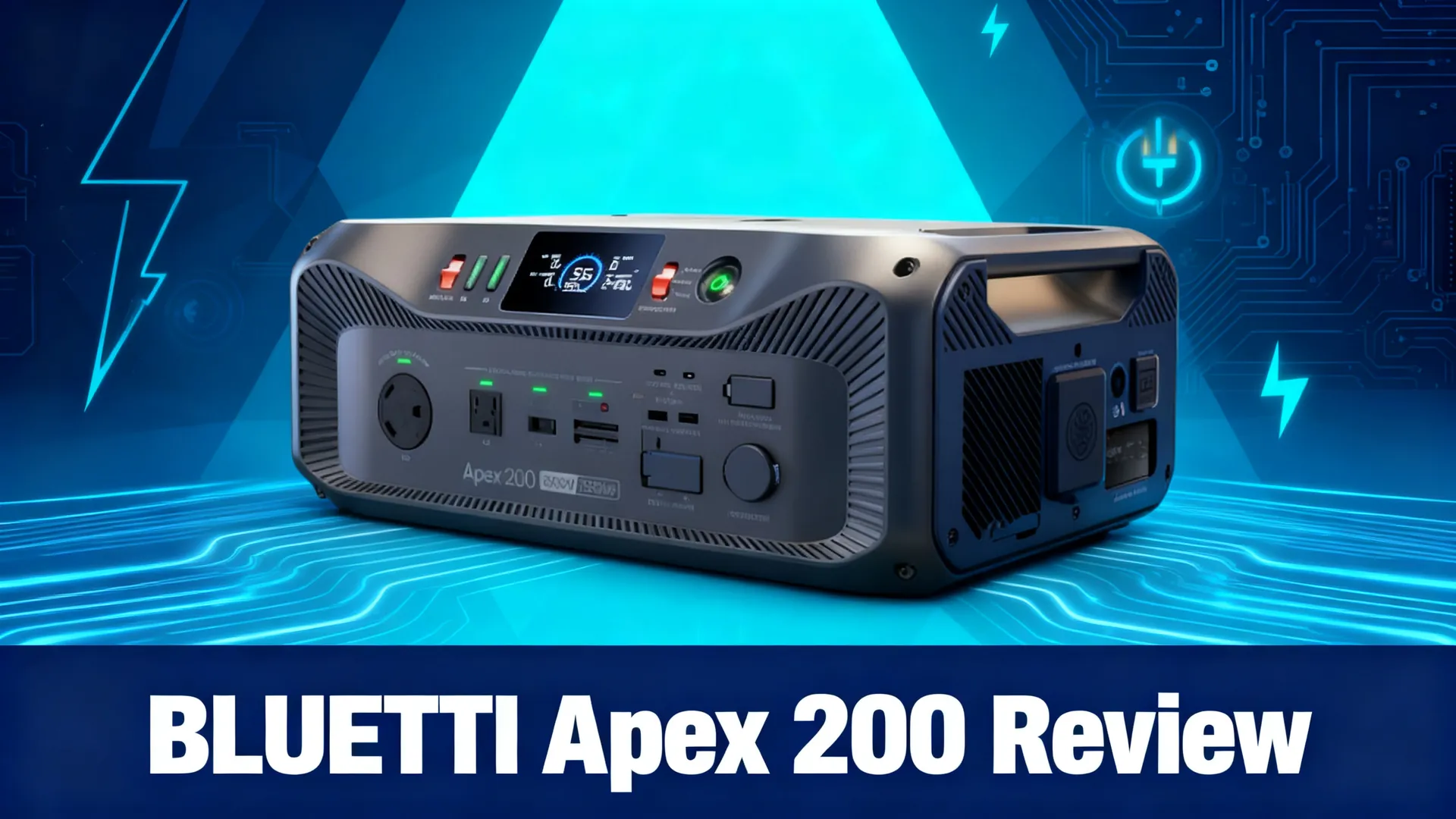 BLUETTI Apex 200 power station on a navy and cyan circuit background with lightning bolts, above a navy bar reading BLUETTI Apex 200 Review