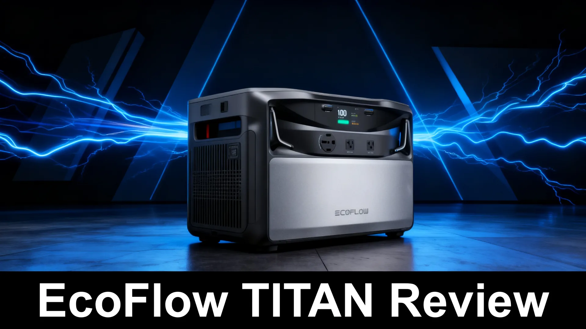 EcoFlow TITAN 5000 Plus whole-home battery in silver and black on a dark blue background with electric lines and the title EcoFlow TITAN Review