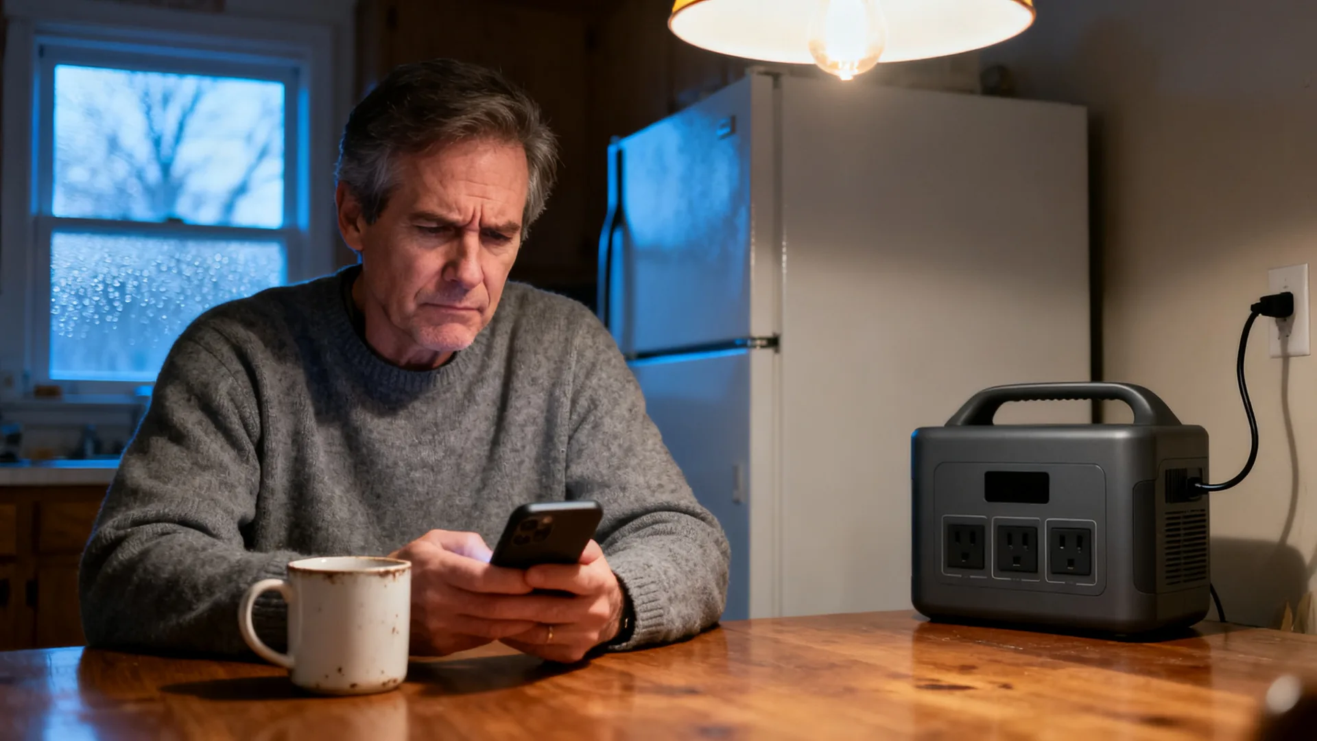 Man at a kitchen table in winter reading his electric bill on his phone, a portable power station plugged in next to the refrigerator