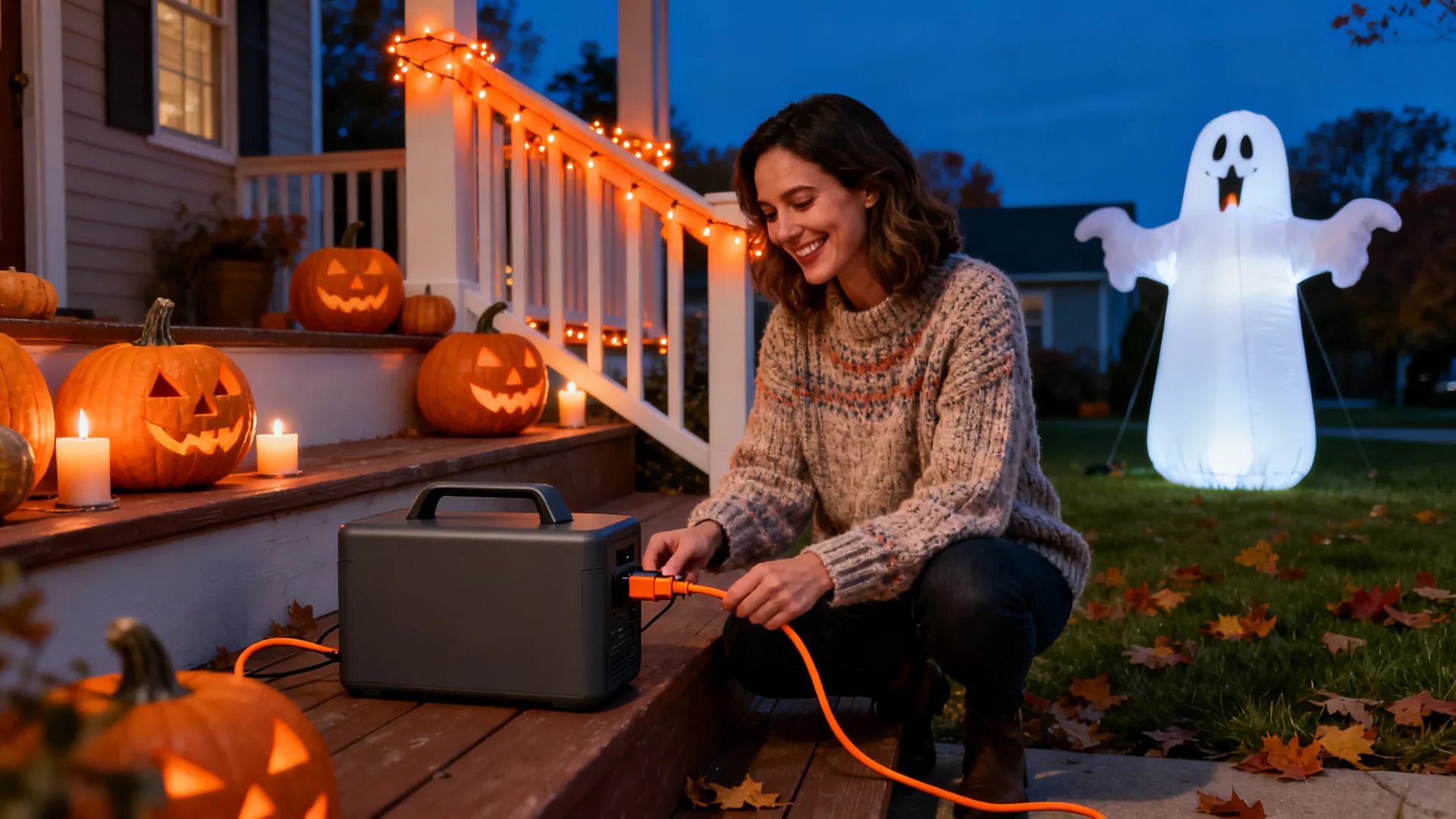 Woman plugging an orange extension cord into a portable power station on porch steps at dusk, with jack-o-lanterns and a glowing inflatable ghost on the lawn