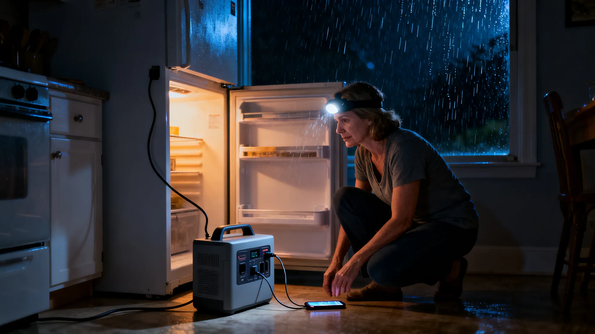 Person wearing a headlamp kneels beside a portable power station plugged into a refrigerator in a dark kitchen during a hurricane power outage