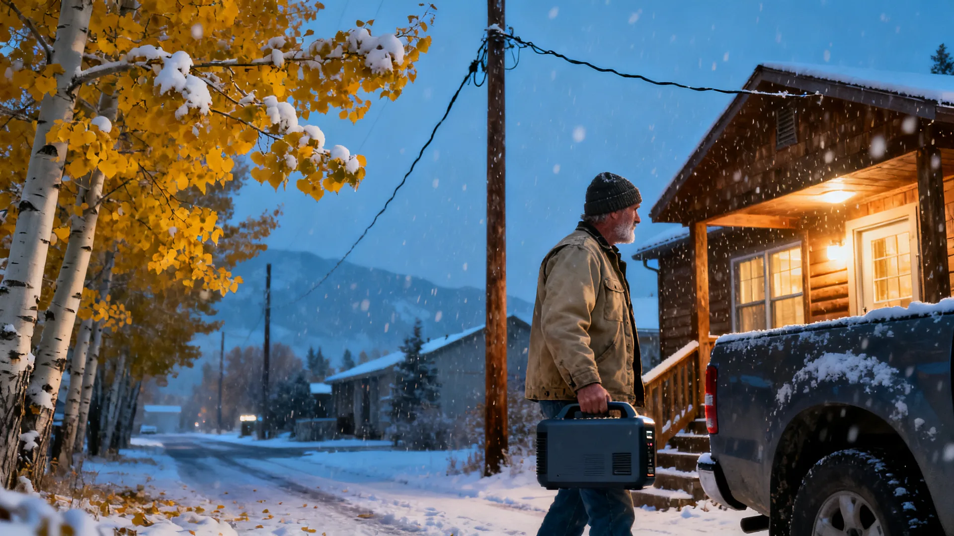 Man carries a portable power station from his pickup into his Montana home as wet October snow weighs down yellow aspen leaves and a power line