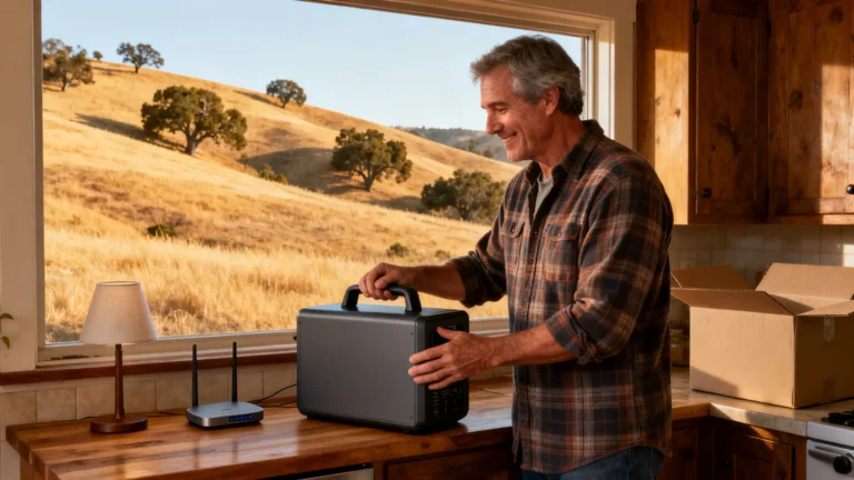 Man setting a portable power station on a kitchen counter next to a Wi-Fi router, golden hills and oak trees of the California foothills through the window