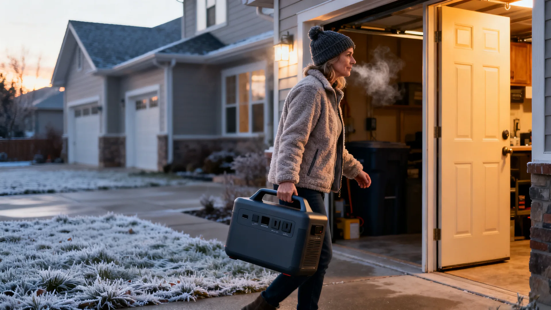 Woman carrying a portable power station out of a frosty garage into the house on a cold morning