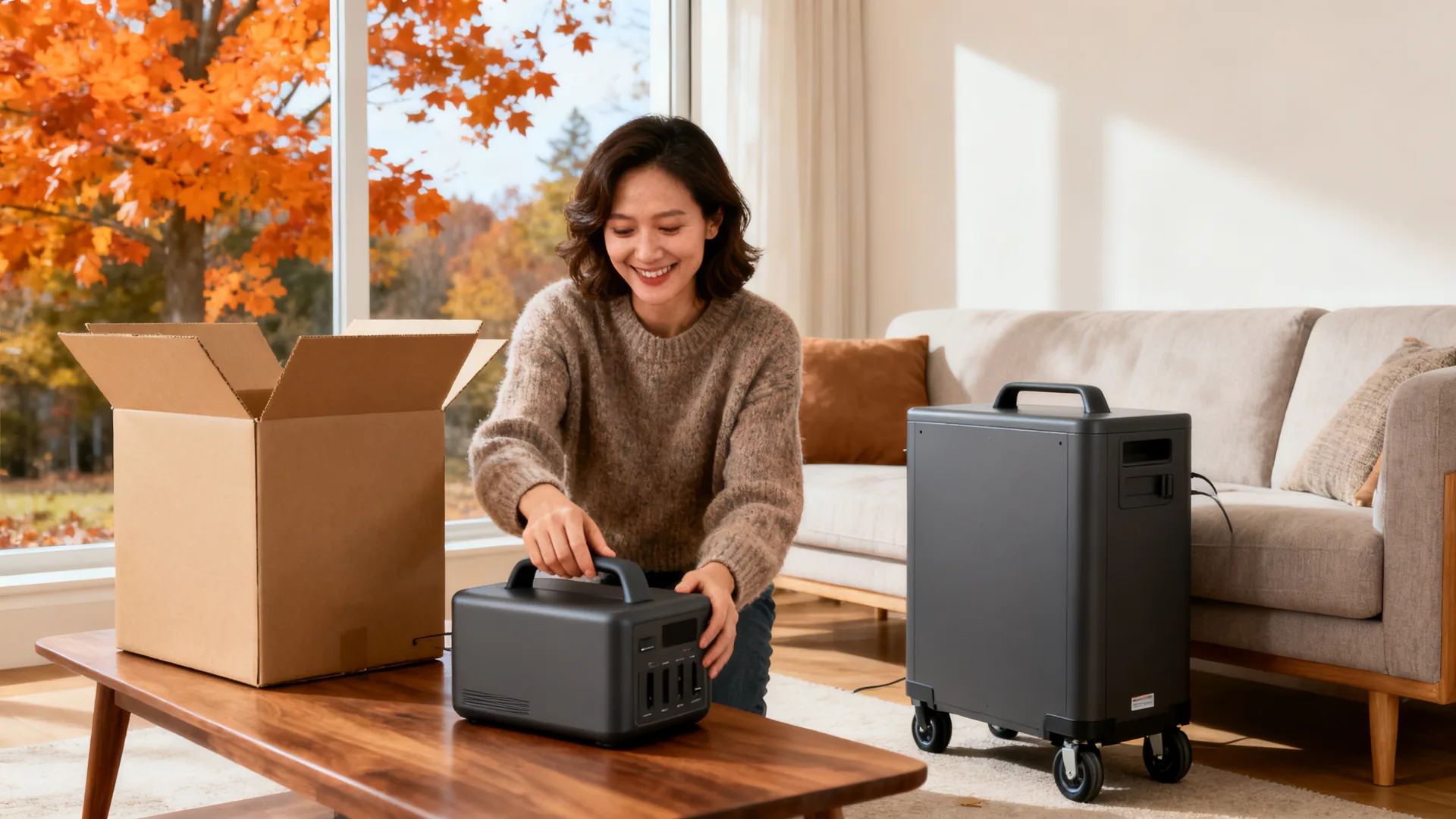 Woman unpacking a new portable power station on a coffee table in a sunny living room in autumn, a larger power station on wheels beside the sofa